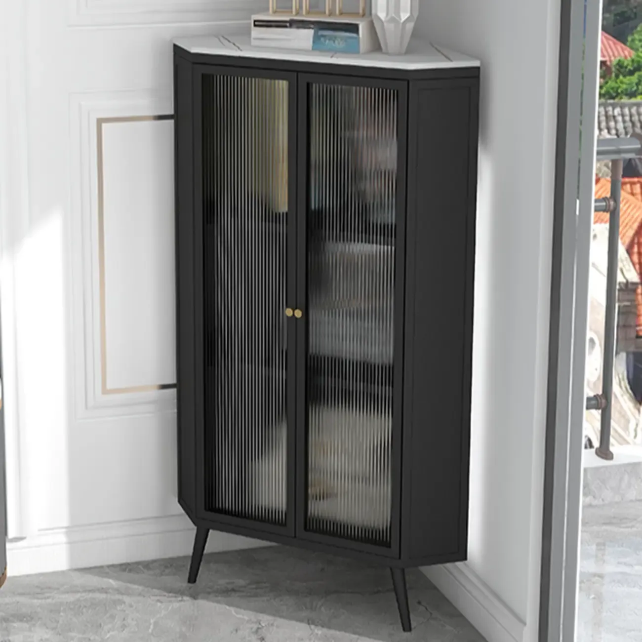 Modern Black Stone Top Corner Cabinet with Fluted Glass Door Image - 2