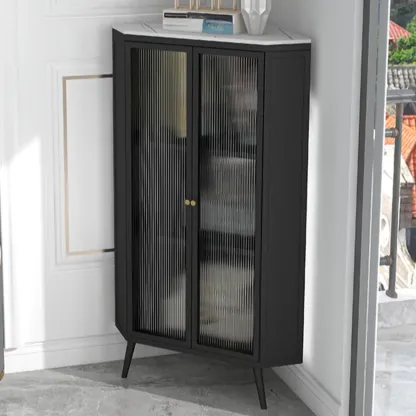 Modern Black Stone Top Corner Cabinet with Fluted Glass Door Image - 2