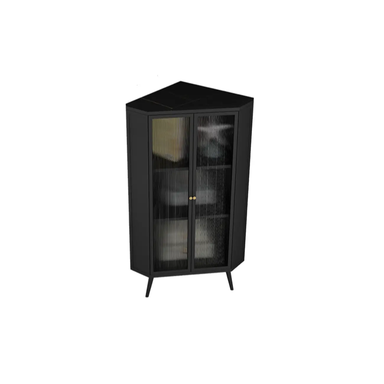 Modern Black Stone Top Corner Cabinet with Fluted Glass Door Image - 11 | homeyfad