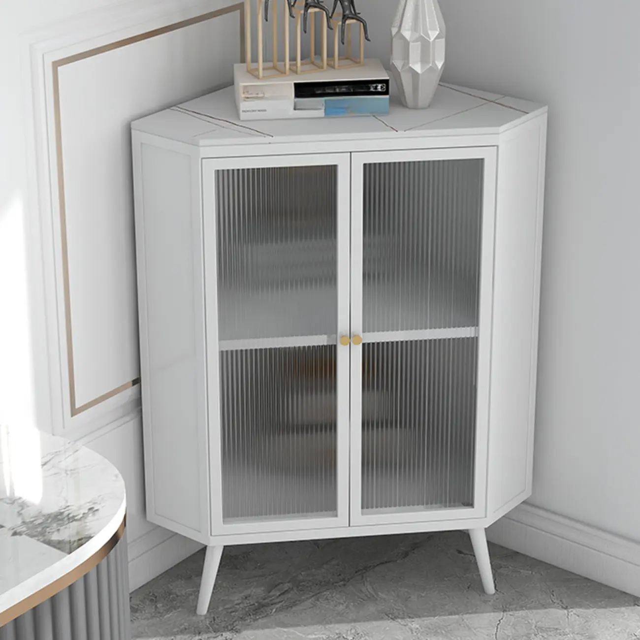 Modern Black Stone Top Corner Cabinet with Fluted Glass Door Image - 12 | homeyfad