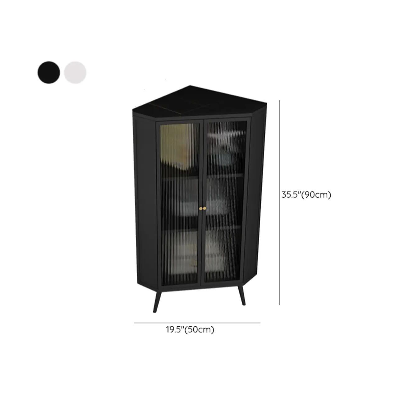 Modern Black Stone Top Corner Cabinet with Fluted Glass Door #size | homeyfad