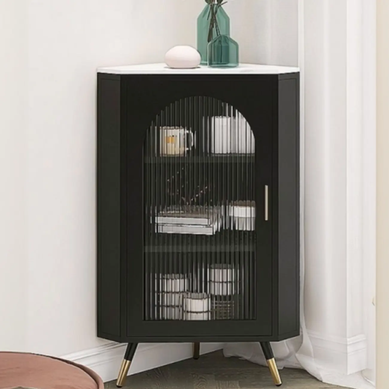 Elegant White Black Faux Marble Top Arch Glass Corner Cabinet Image - 3 | homeyfad