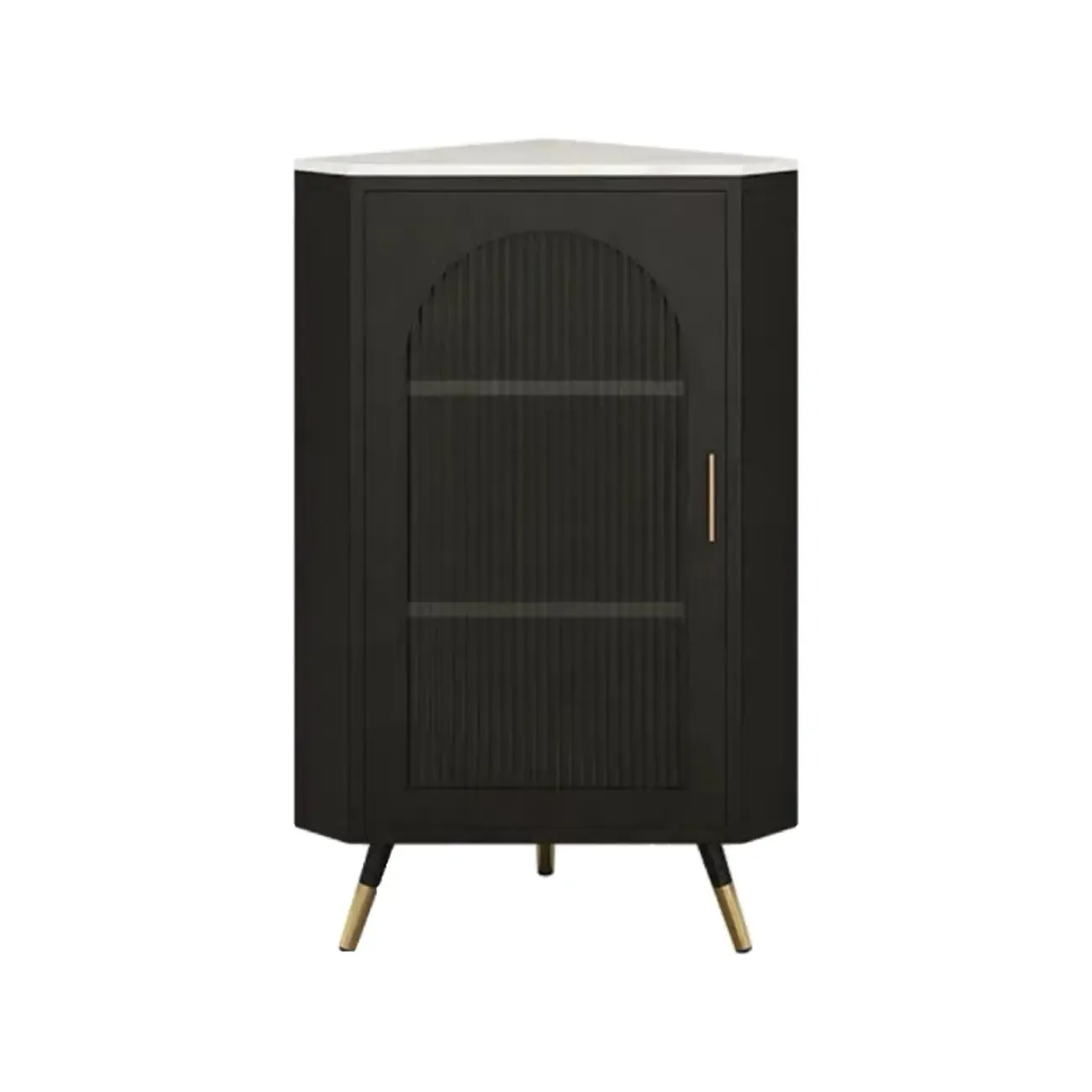 Elegant White Black Faux Marble Top Arch Glass Corner Cabinet Image - 9