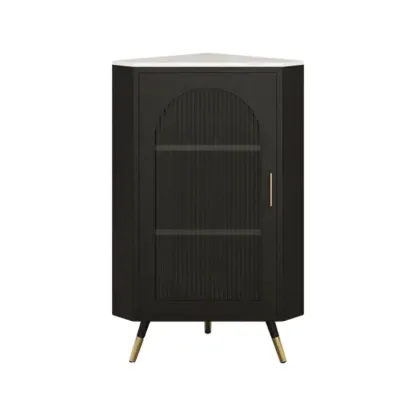 Elegant White Black Faux Marble Top Arch Glass Corner Cabinet Image - 9