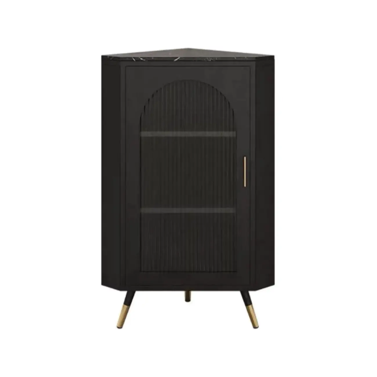 Elegant White Black Faux Marble Top Arch Glass Corner Cabinet Image - 10 | homeyfad