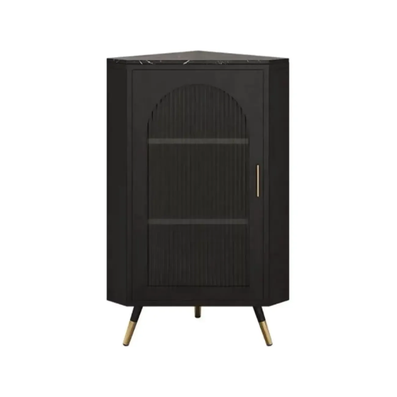 Elegant White Black Faux Marble Top Arch Glass Corner Cabinet Image - 10