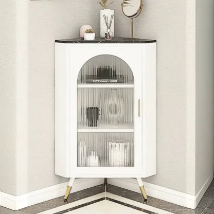 Elegant White Black Faux Marble Top Arch Glass Corner Cabinet Image - 1