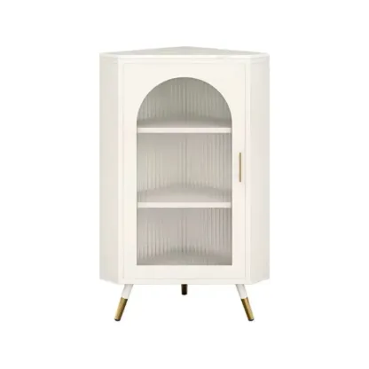 Elegant White Black Faux Marble Top Arch Glass Corner Cabinet Image - 11