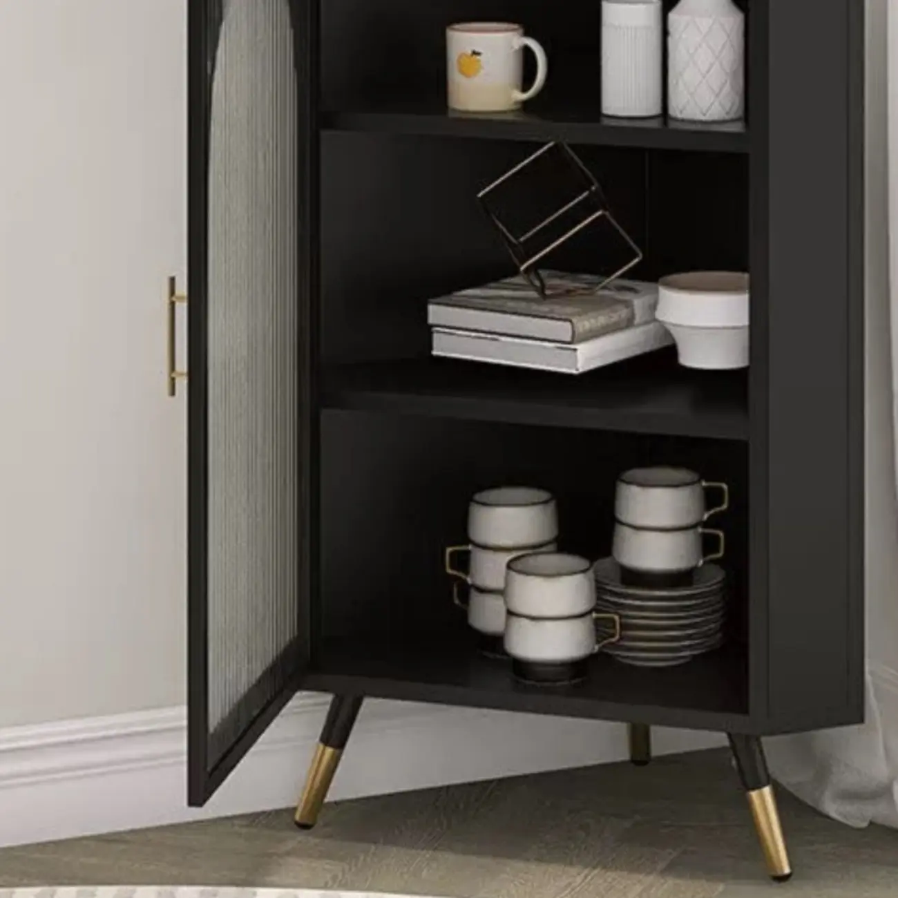 Elegant White Black Faux Marble Top Arch Glass Corner Cabinet Image - 6 | homeyfad