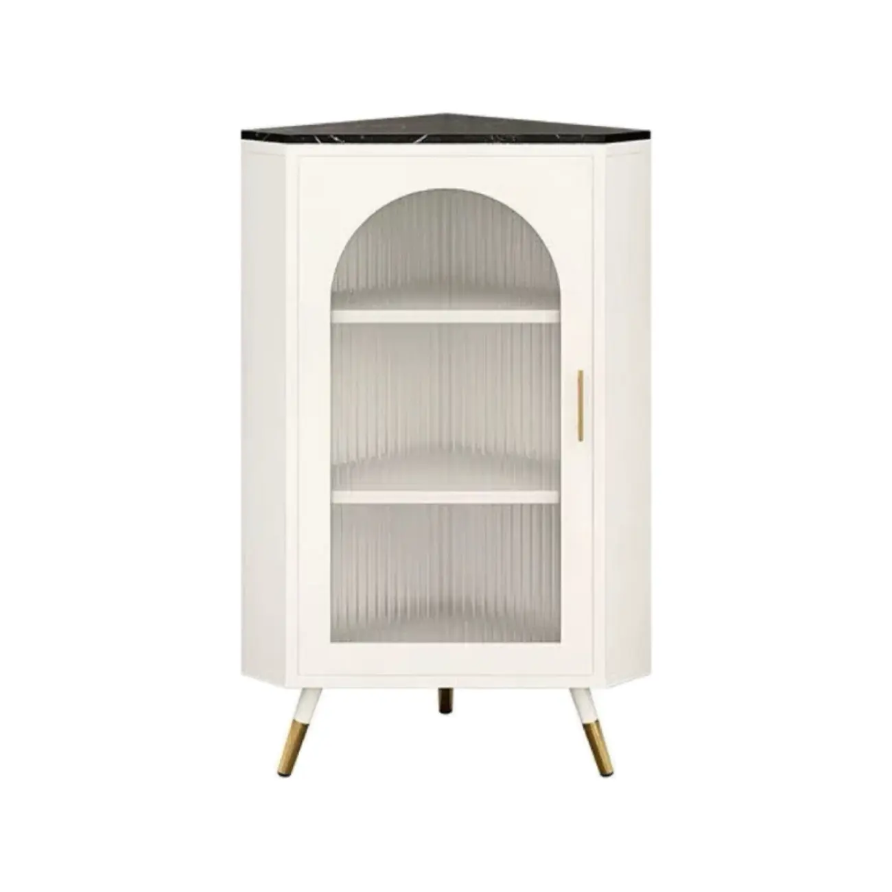 Elegant White Black Faux Marble Top Arch Glass Corner Cabinet Image - 12 | homeyfad
