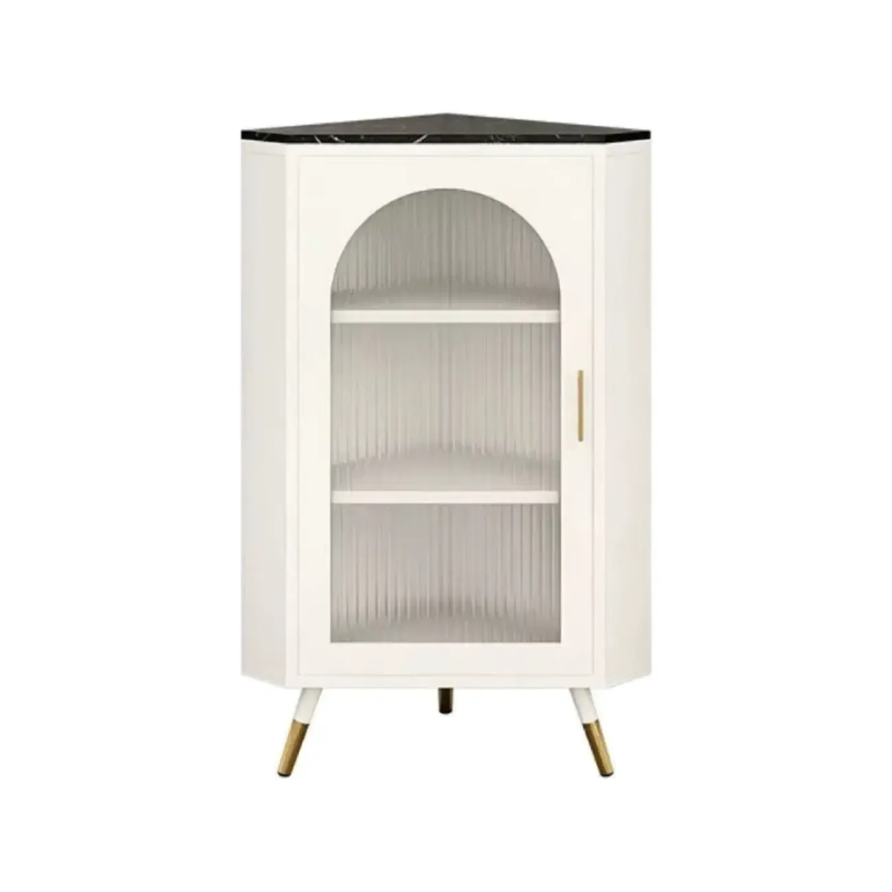 Elegant White Black Faux Marble Top Arch Glass Corner Cabinet Image - 12