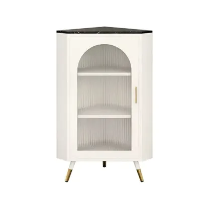 Elegant White Black Faux Marble Top Arch Glass Corner Cabinet Image - 12