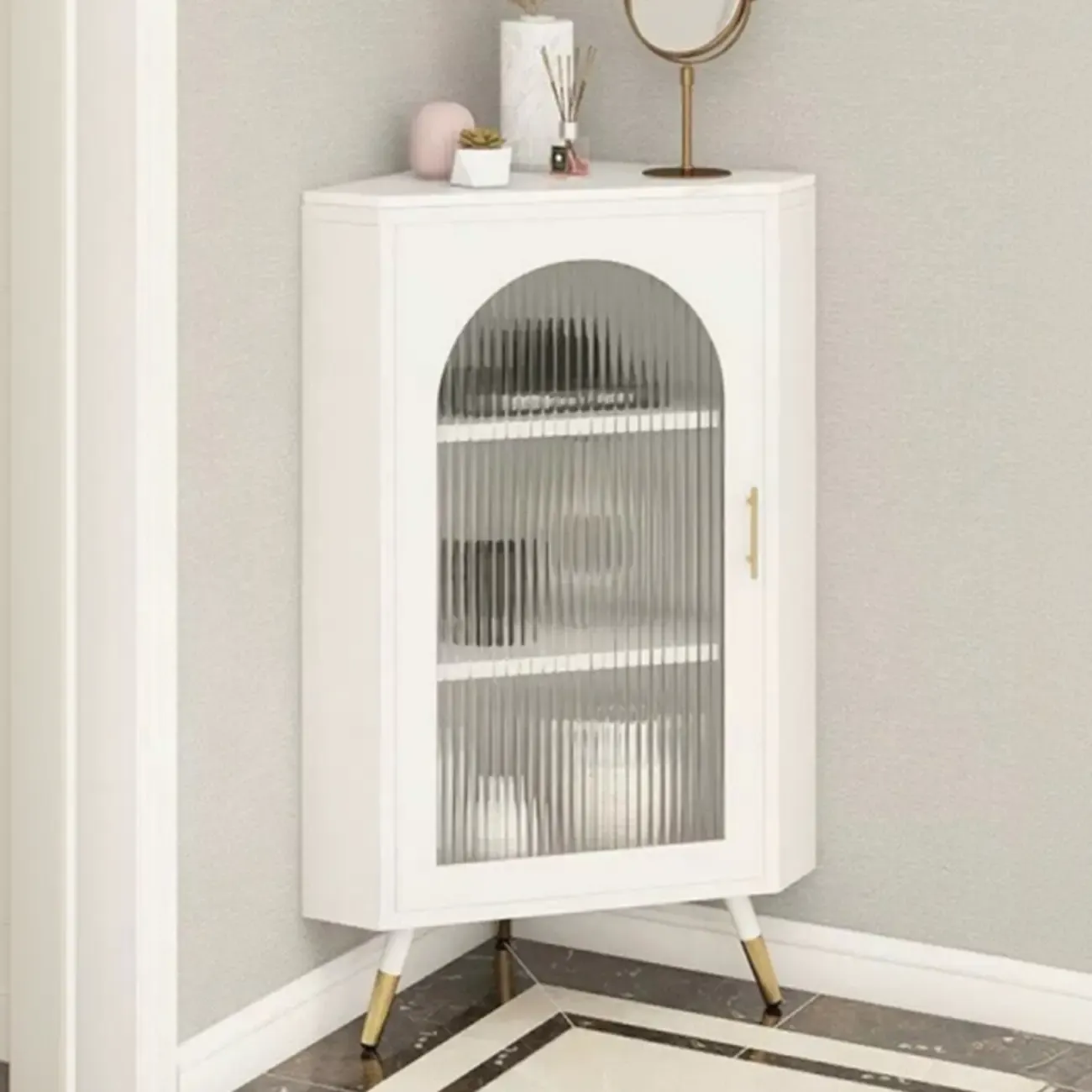 Elegant White Black Faux Marble Top Arch Glass Corner Cabinet Image - 8