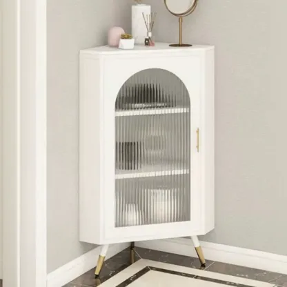 Elegant White Black Faux Marble Top Arch Glass Corner Cabinet Image - 8