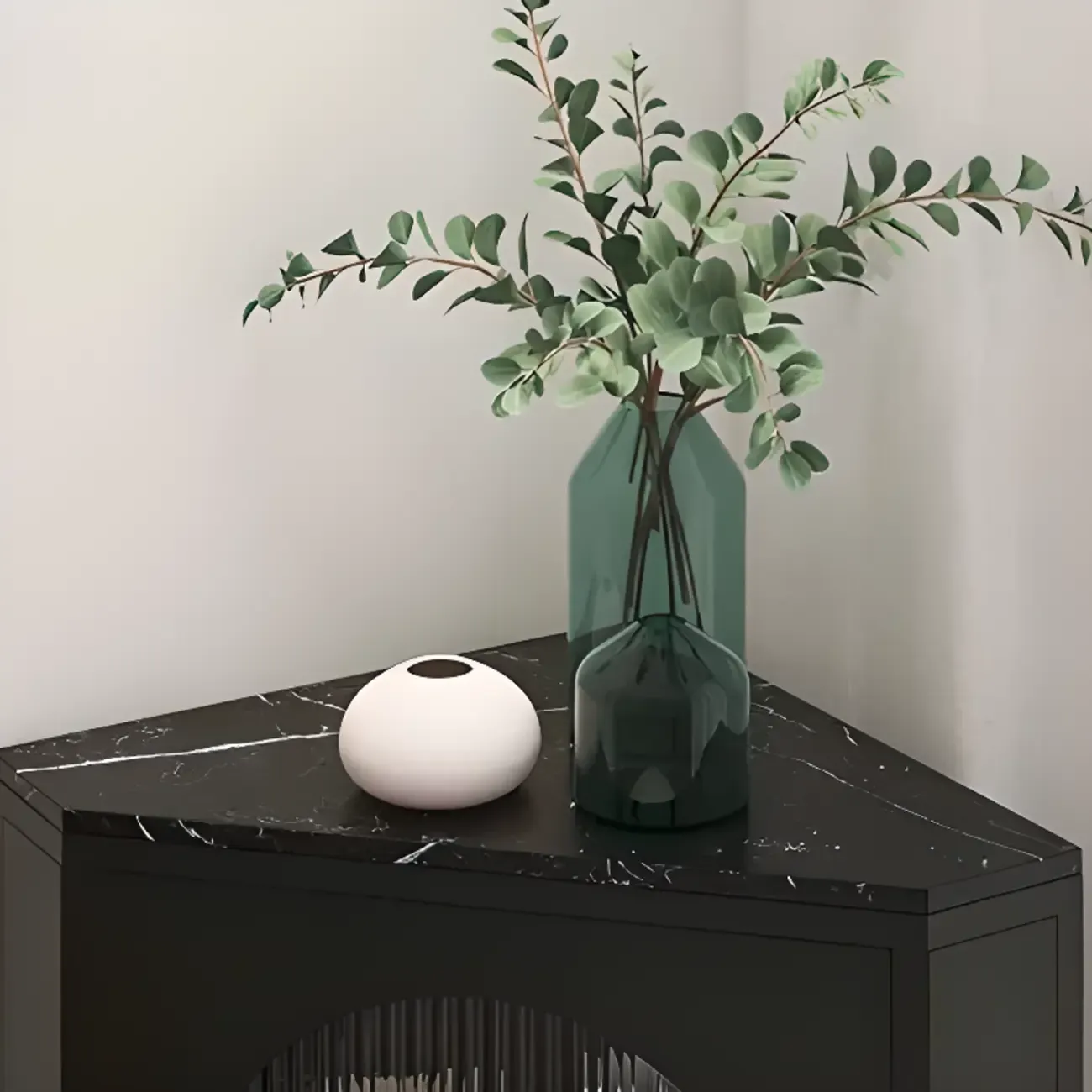 Elegant White Black Faux Marble Top Arch Glass Corner Cabinet Image - 4