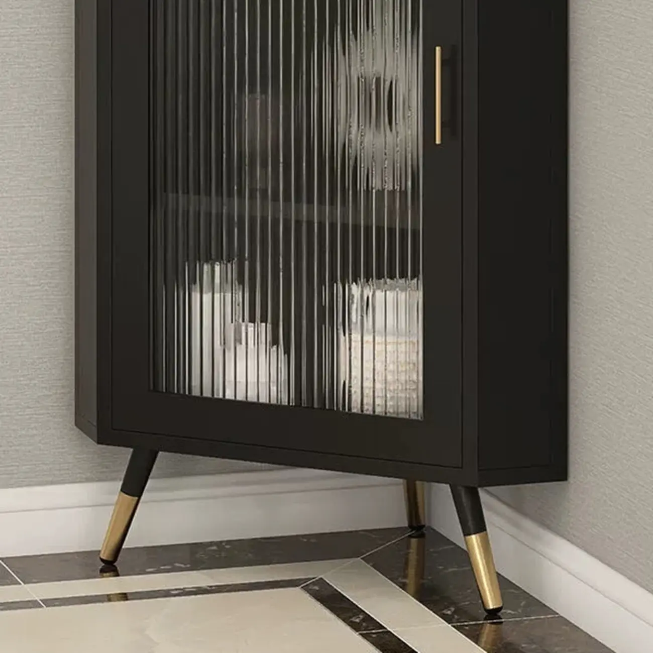 Elegant White Black Faux Marble Top Arch Glass Corner Cabinet Image - 5 | homeyfad