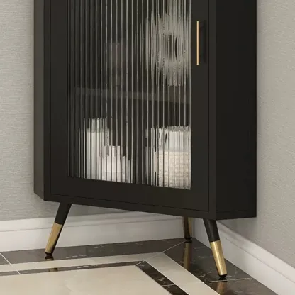 Elegant White Black Faux Marble Top Arch Glass Corner Cabinet Image - 5