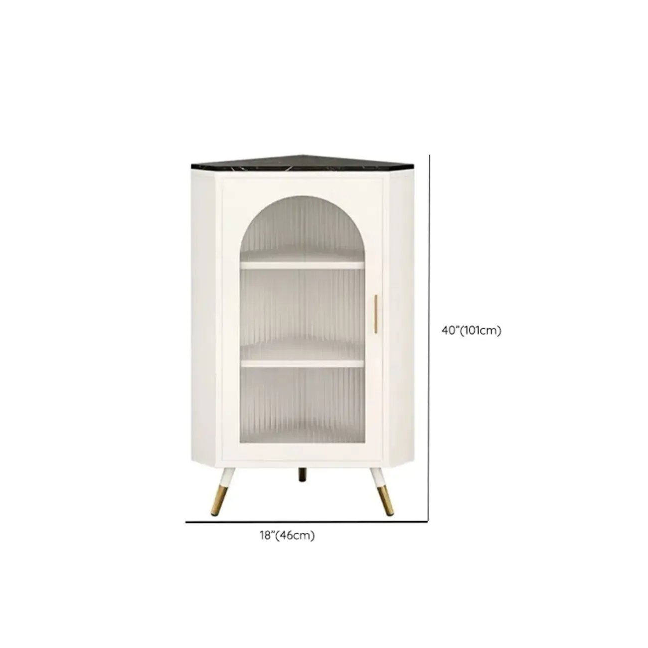 Elegant White Black Faux Marble Top Arch Glass Corner Cabinet Image - 14