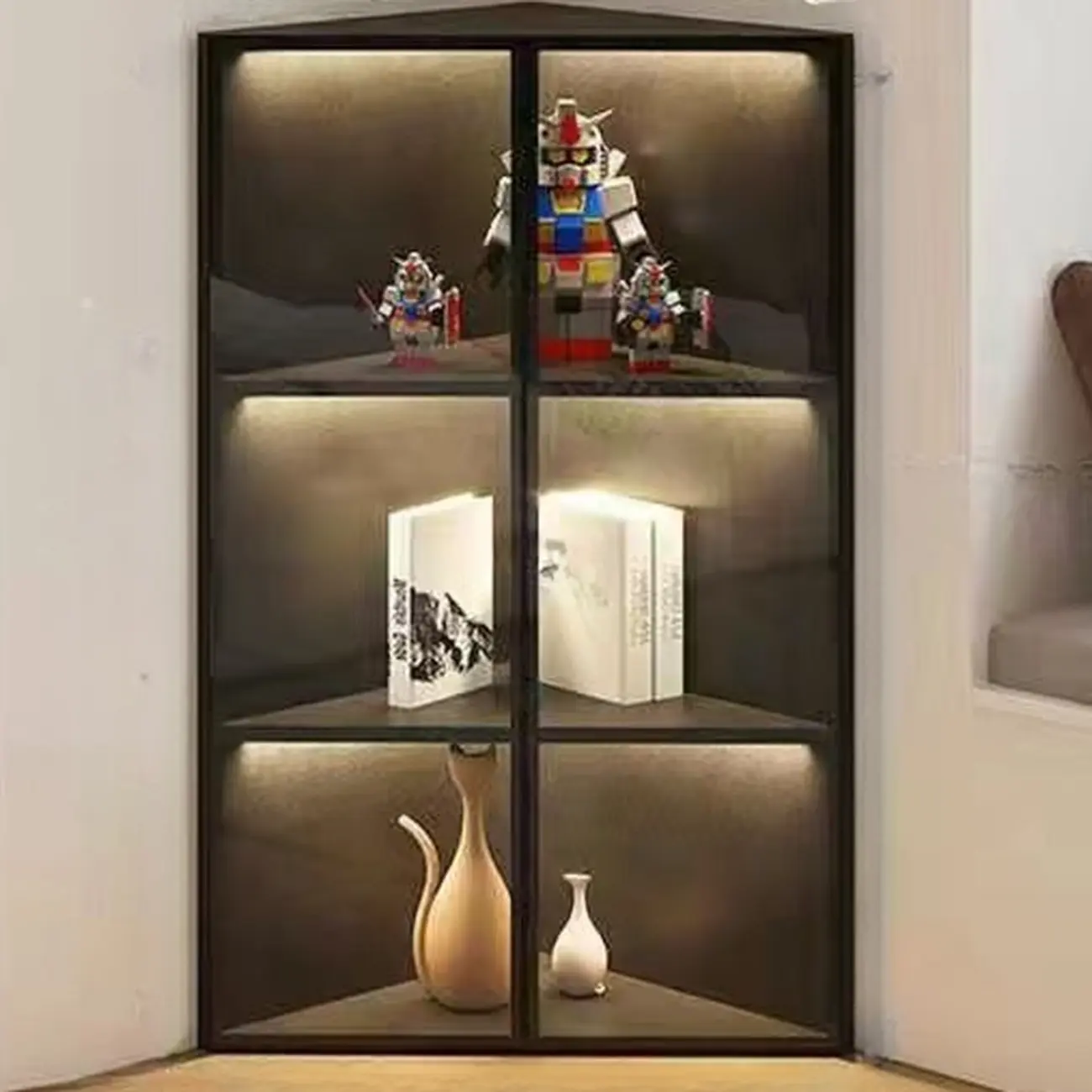 Modern Grey Metal Wood Corner Display Cabinet with Glass Door Image - 3 | homeyfad