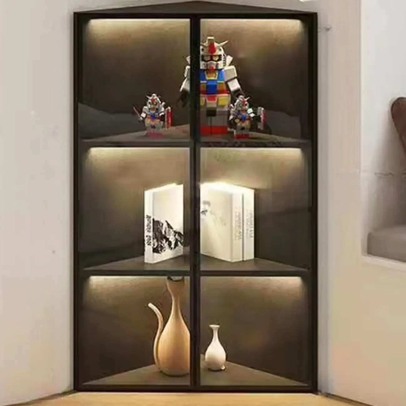 Modern Grey Metal Wood Corner Display Cabinet with Glass Door Image - 3
