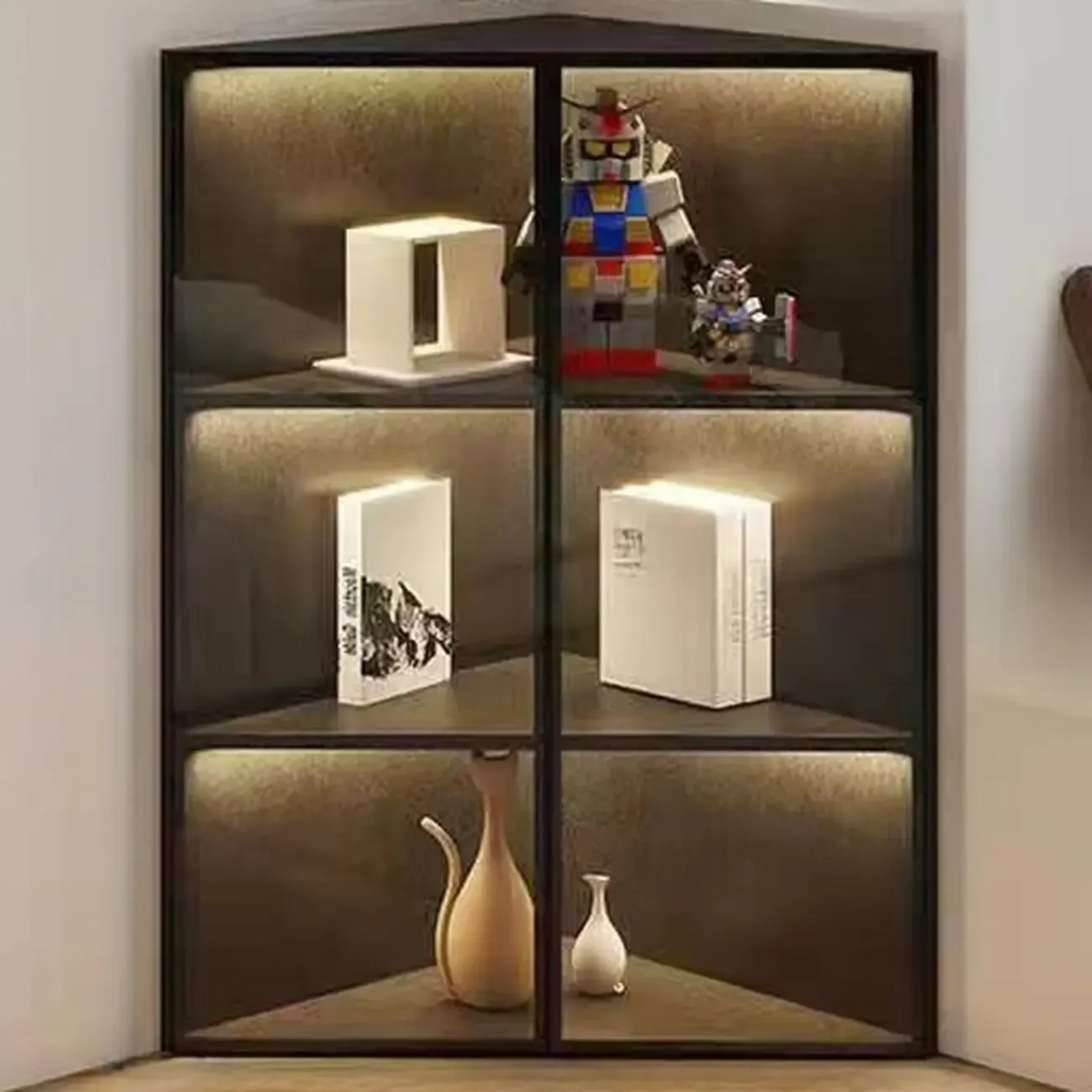 Modern Grey Metal Wood Corner Display Cabinet with Glass Door Image - 6