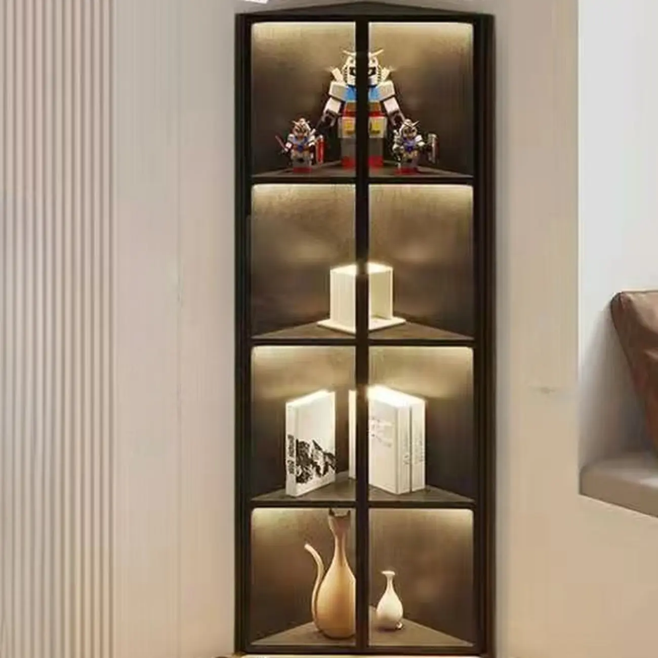 Modern Grey Metal Wood Corner Display Cabinet with Glass Door Image - 7 | homeyfad