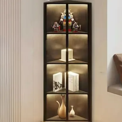 Modern Grey Metal Wood Corner Display Cabinet with Glass Door Image - 7