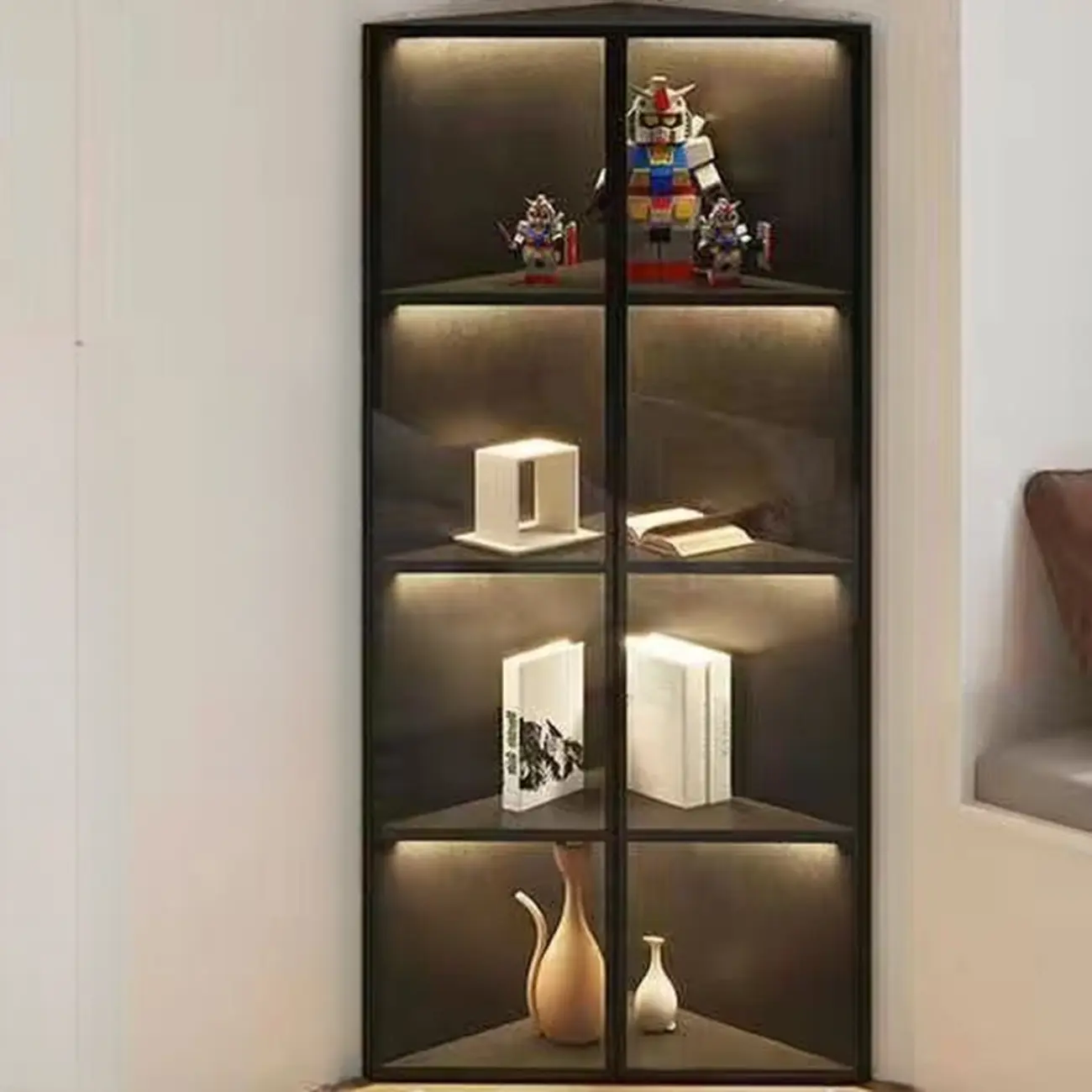Modern Grey Metal Wood Corner Display Cabinet with Glass Door Image - 8 | homeyfad