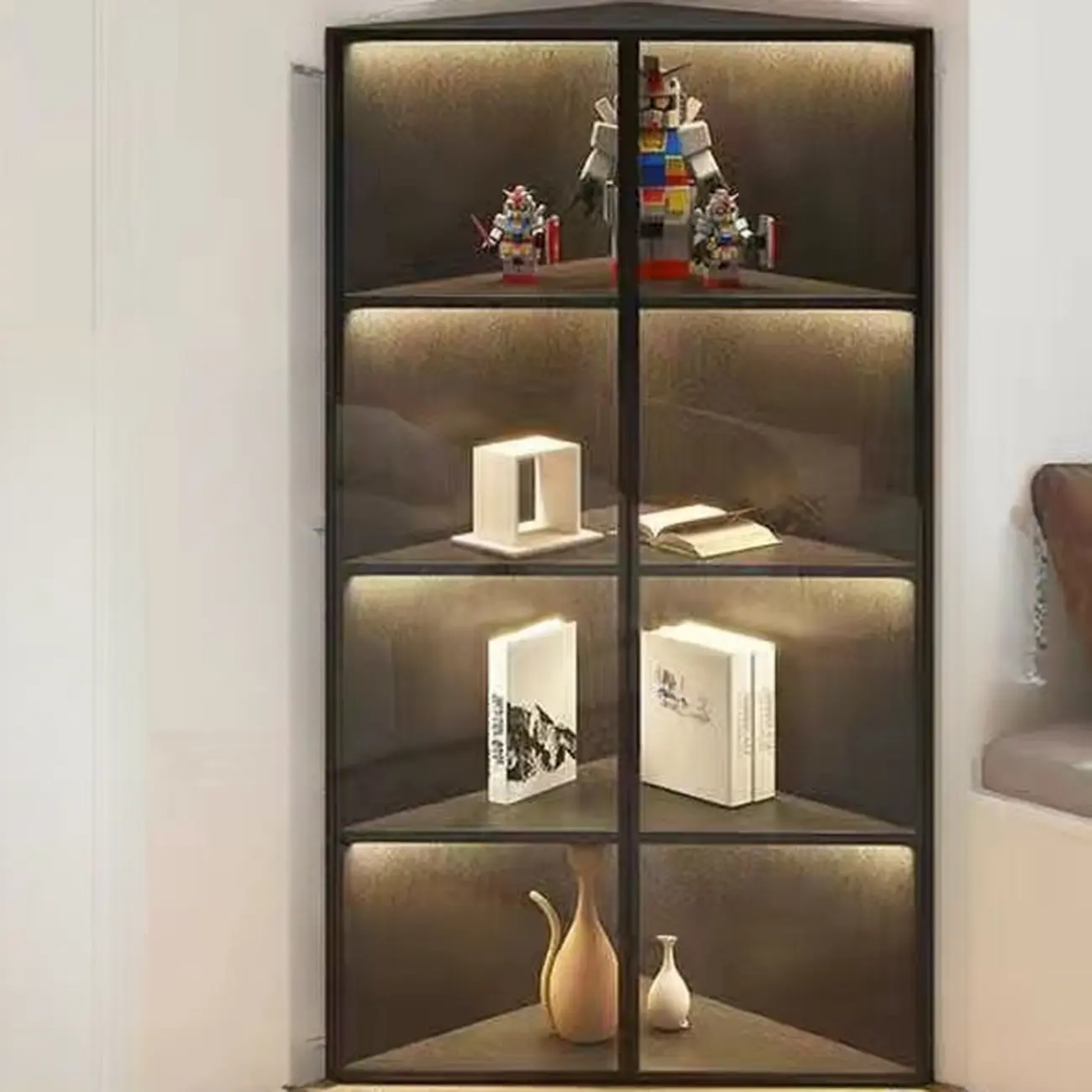 Modern Grey Metal Wood Corner Display Cabinet with Glass Door Image - 9 | homeyfad