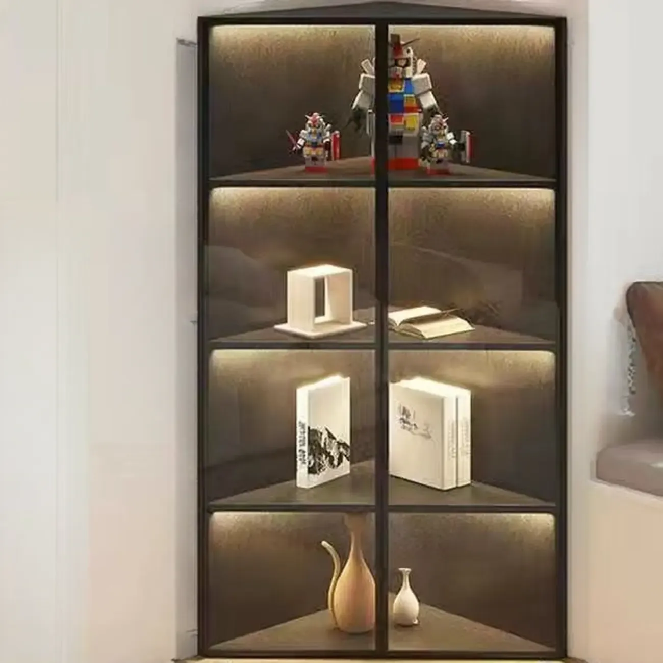 Modern Grey Metal Wood Corner Display Cabinet with Glass Door Image - 9