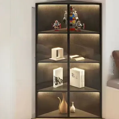 Modern Grey Metal Wood Corner Display Cabinet with Glass Door Image - 9