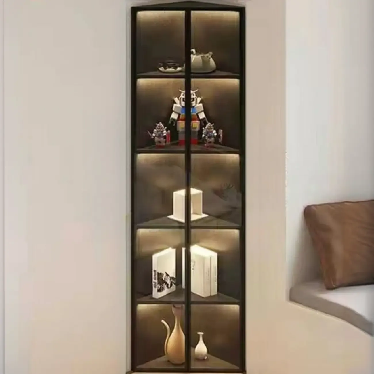 Modern Grey Metal Wood Corner Display Cabinet with Glass Door Image - 10