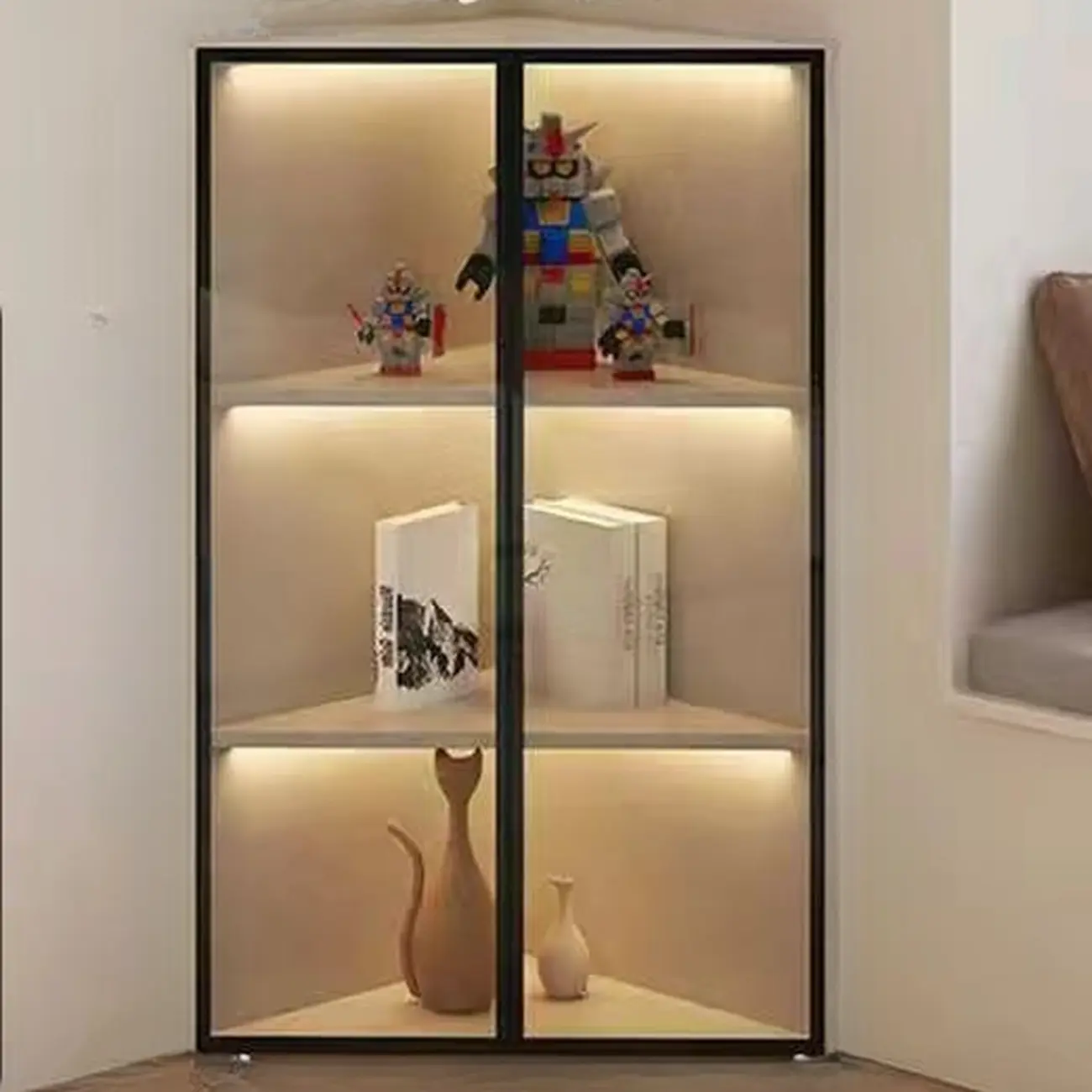 Modern Grey Metal Wood Corner Display Cabinet with Glass Door Image - 13 | homeyfad