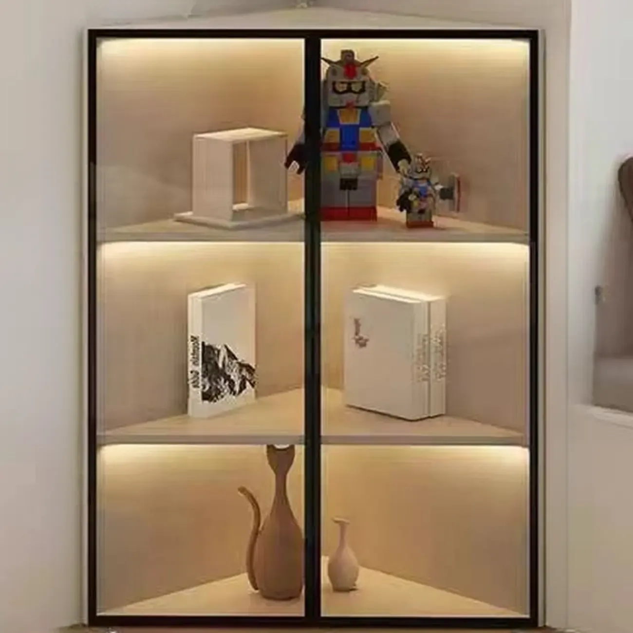 Modern Grey Metal Wood Corner Display Cabinet with Glass Door Image - 15