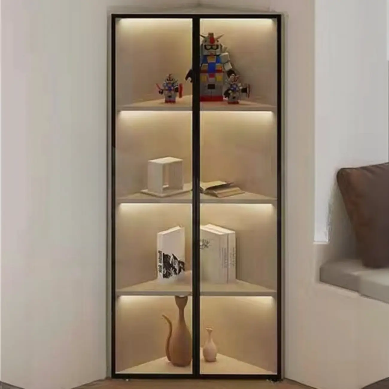 Modern Grey Metal Wood Corner Display Cabinet with Glass Door Image - 17 | homeyfad