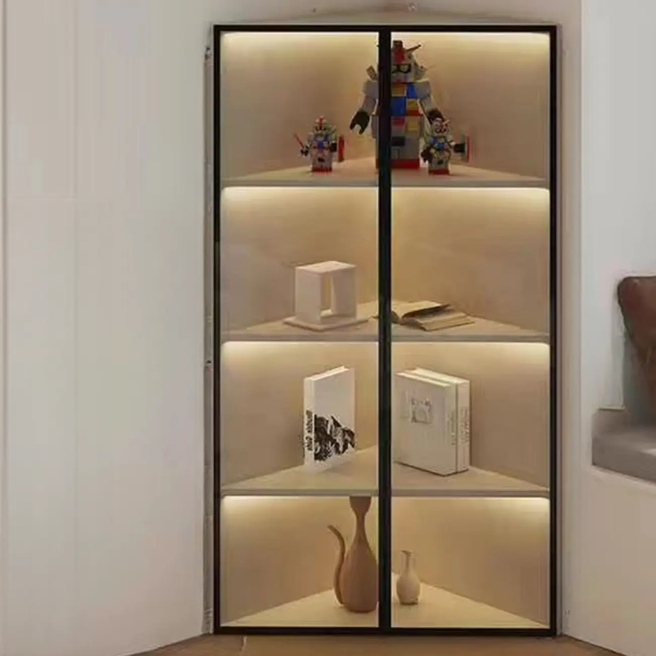 Modern Grey Metal Wood Corner Display Cabinet with Glass Door Image - 18 | homeyfad