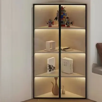 Modern Grey Metal Wood Corner Display Cabinet with Glass Door Image - 18