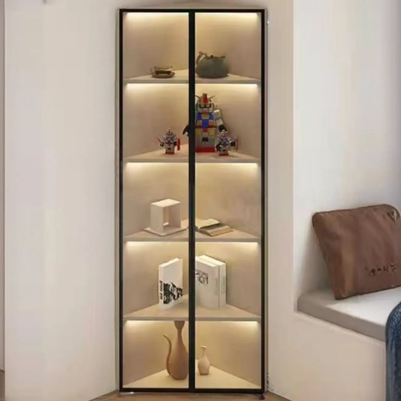 Modern Grey Metal Wood Corner Display Cabinet with Glass Door Image - 20 | homeyfad