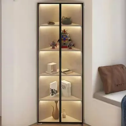 Modern Grey Metal Wood Corner Display Cabinet with Glass Door Image - 20
