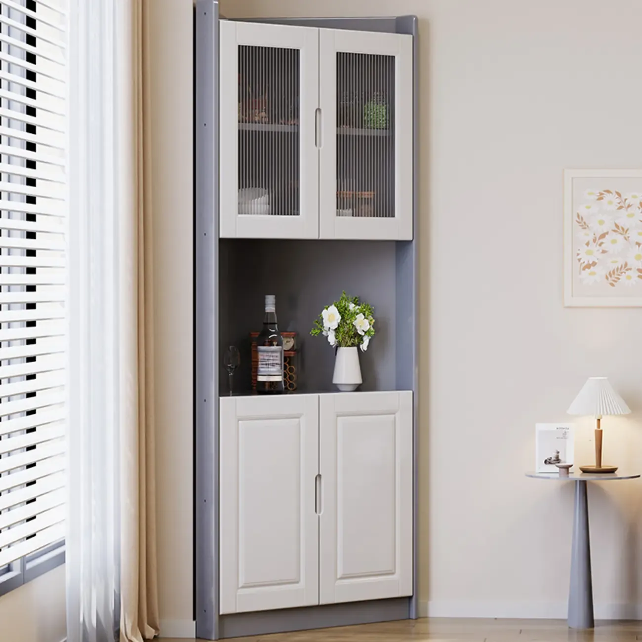 Classic Nut-Brown Wood Groove Handle Corner Storage Cabinet Image - 2