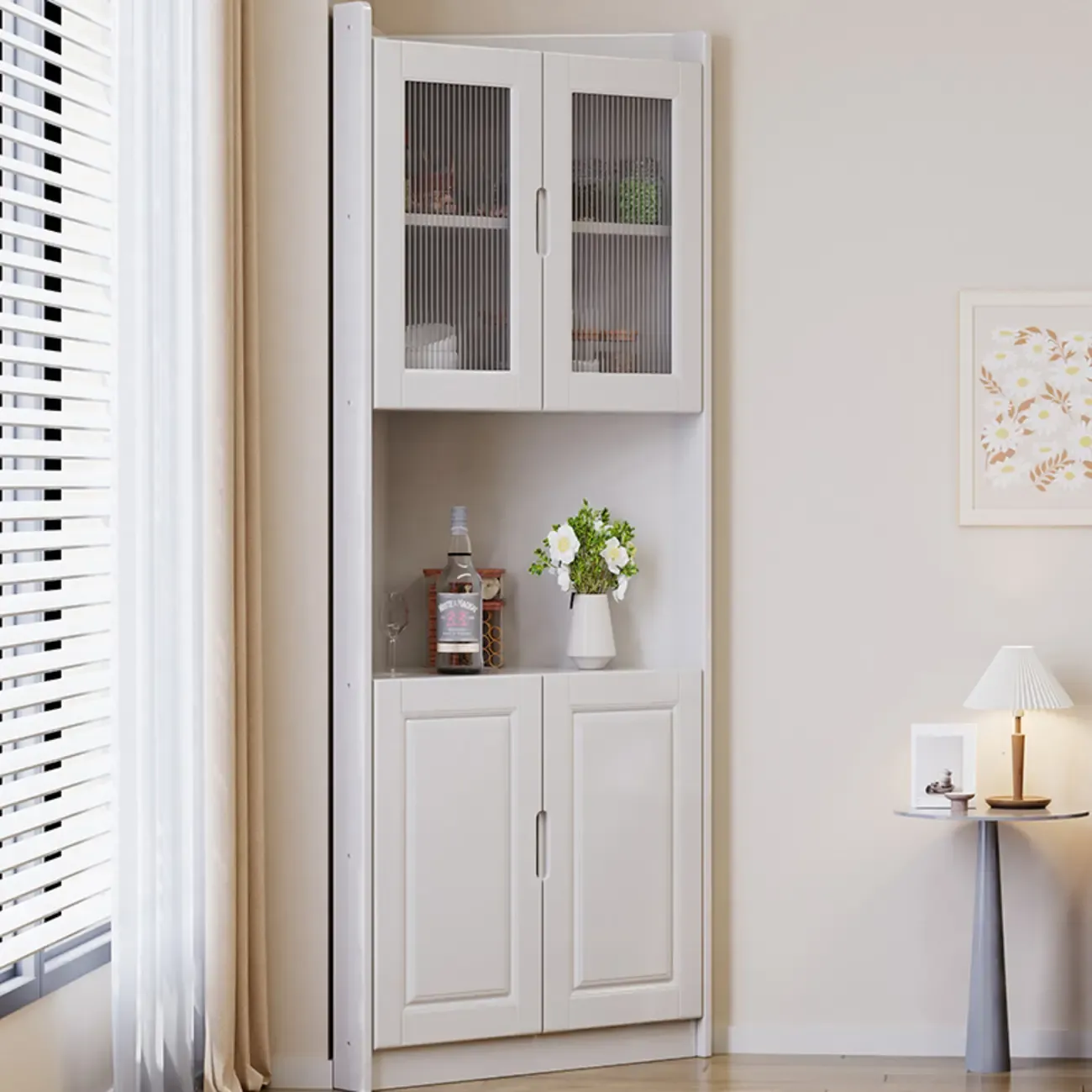 Classic Nut-Brown Wood Groove Handle Corner Storage Cabinet | HomeyFad