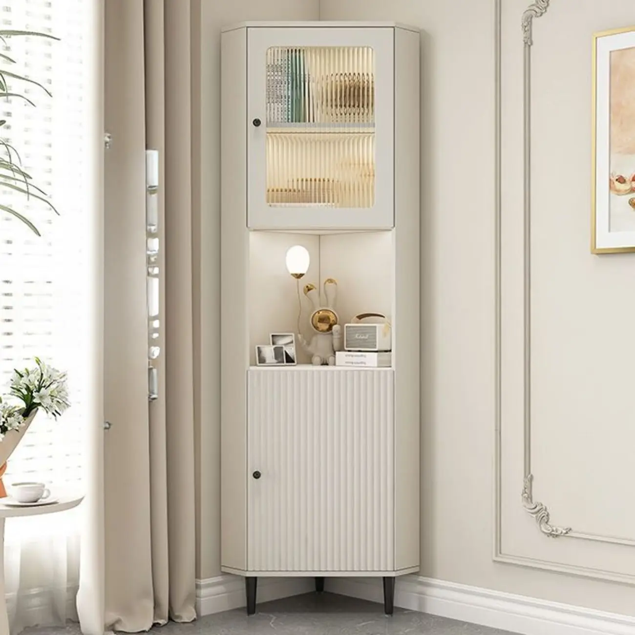 Modern Gold Beige Wood Corner Utility Cabinet with Lighting Image - 3 | homeyfad