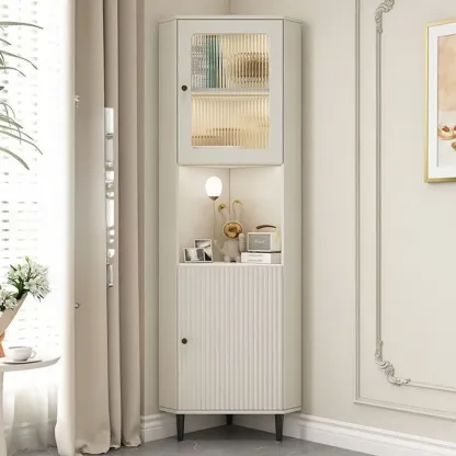 Modern Gold Beige Wood Corner Utility Cabinet with Lighting Image - 3