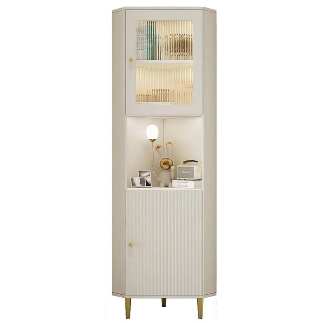 Modern Gold Beige Wood Corner Utility Cabinet with Lighting Image - 5 | homeyfad