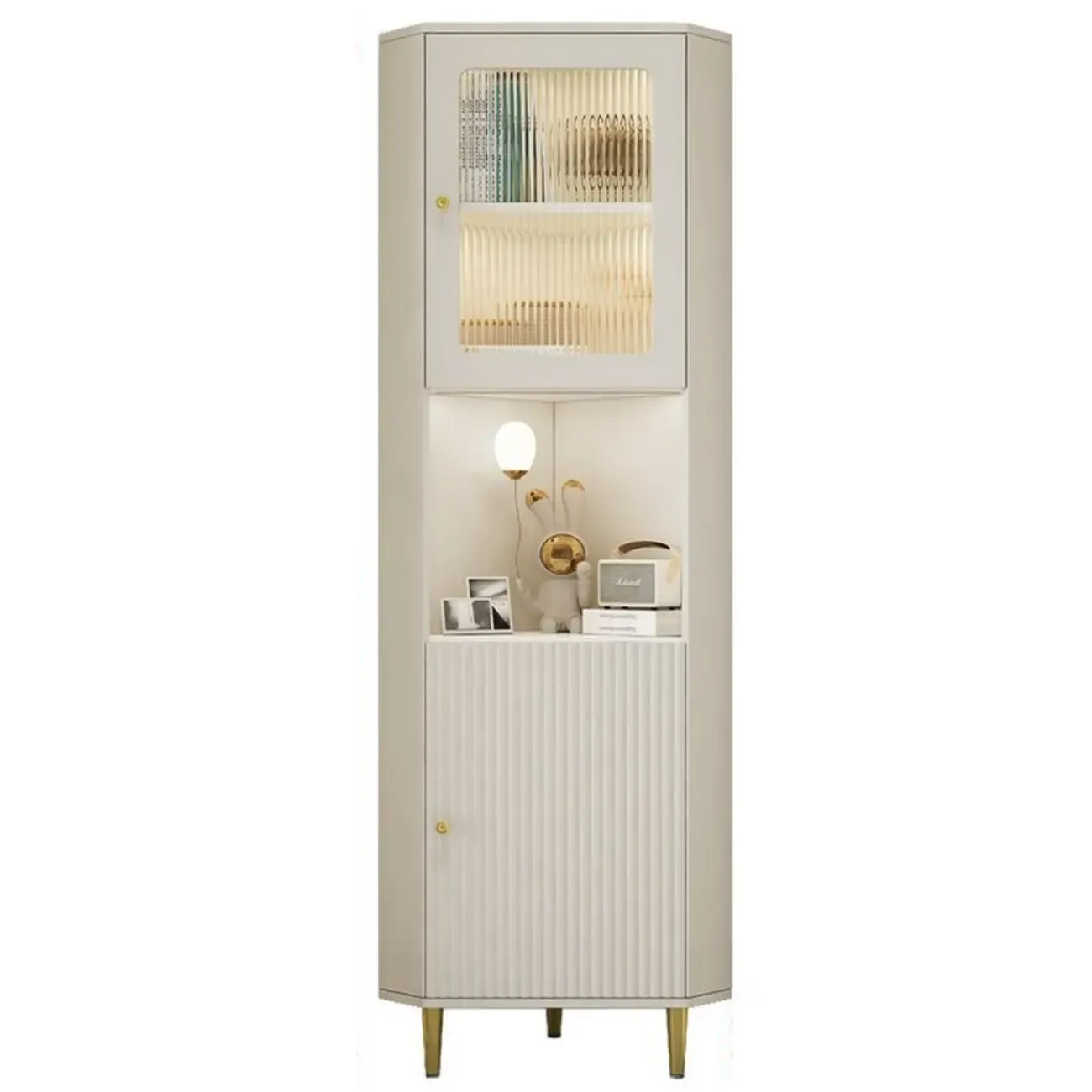 Modern Gold Beige Wood Corner Utility Cabinet with Lighting | HomeyFad