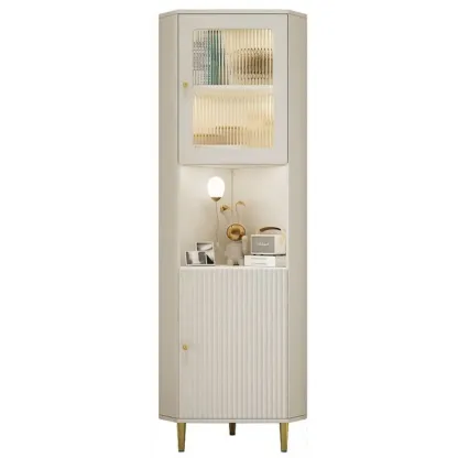 Modern Gold Beige Wood Corner Utility Cabinet with Lighting Image - 5