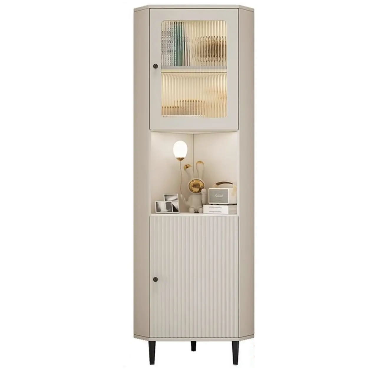 Modern Gold Beige Wood Corner Utility Cabinet with Lighting Image - 6 | homeyfad