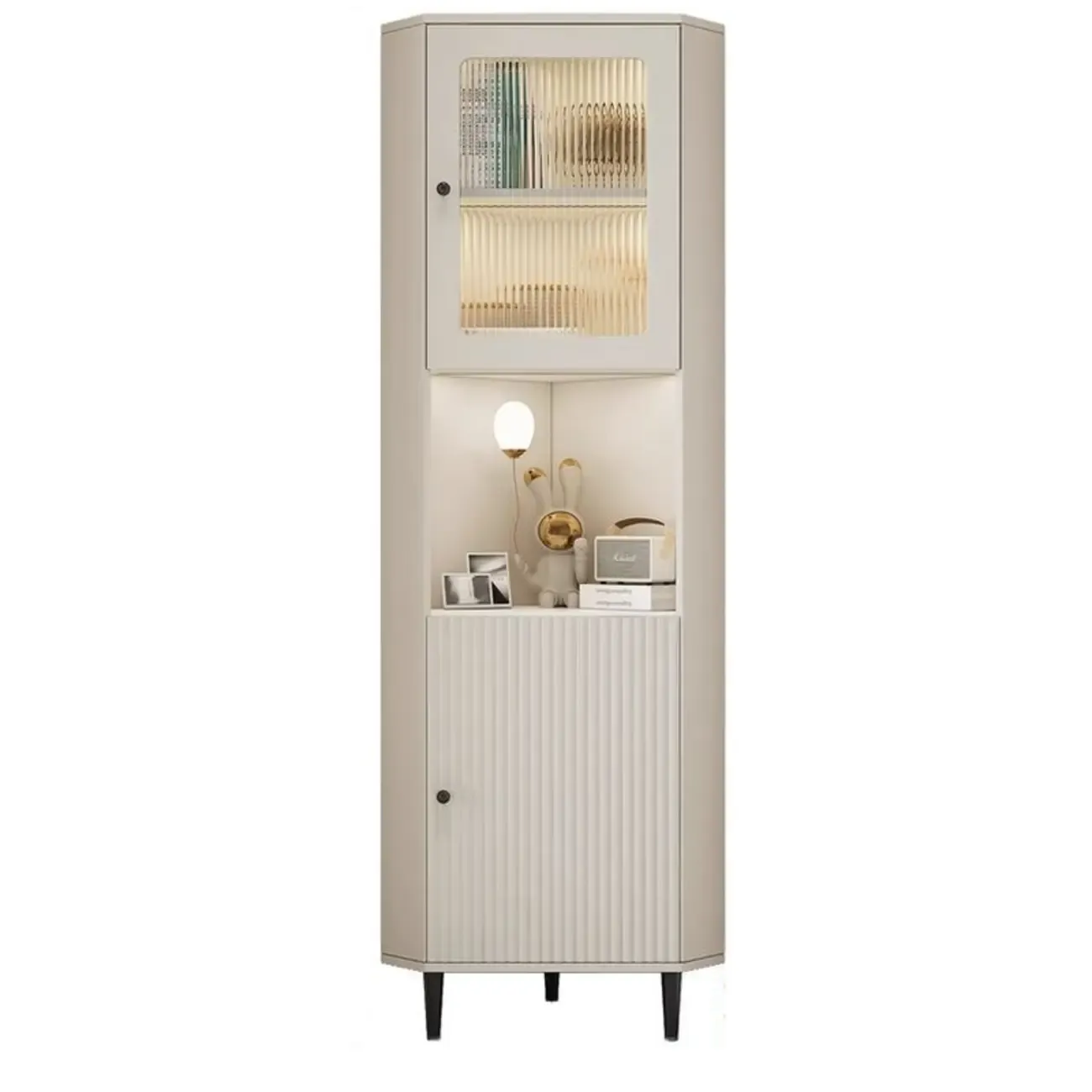 Modern Gold Beige Wood Corner Utility Cabinet with Lighting Image - 6