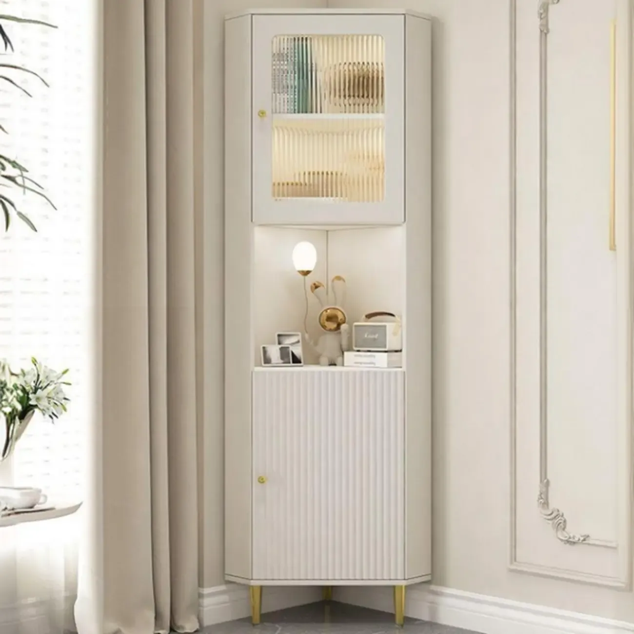 Modern Gold Beige Wood Corner Utility Cabinet with Lighting Image - 1