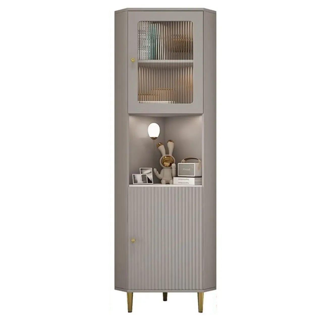 Modern Gold Beige Wood Corner Utility Cabinet with Lighting Image - 7